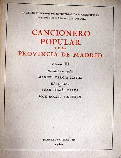 Portada del libro Cancionero popular de la provincia de Madrid
